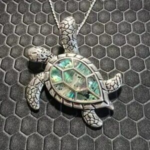 Turtle Necklace with Green Abalone Stones 18K White Gold Plated